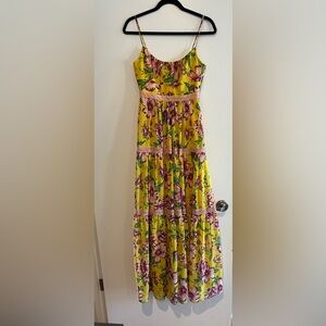 BCBGMaxAzria Yellow Floral Tiered Maxi Dress with Pink Trim